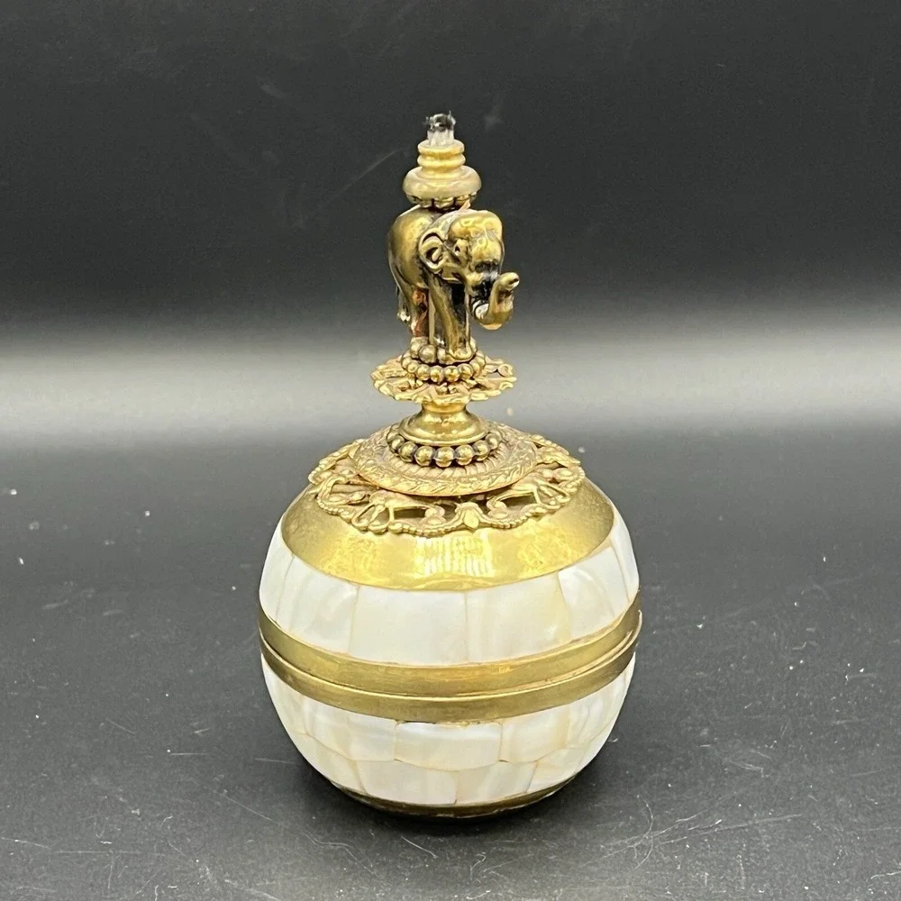Ornate Brass Mother of Pearl Elephant Oil Lamp Glass Decorative Jeweled 4.5
